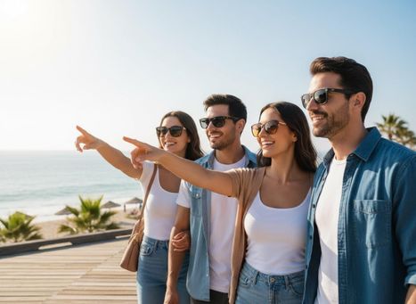 Four smiling friends in sunglasses on a boardwalk, pointing out at a sunny beach with ocean waves, palm trees, and umbrellas. Friends Pointing at Sunny Beach
