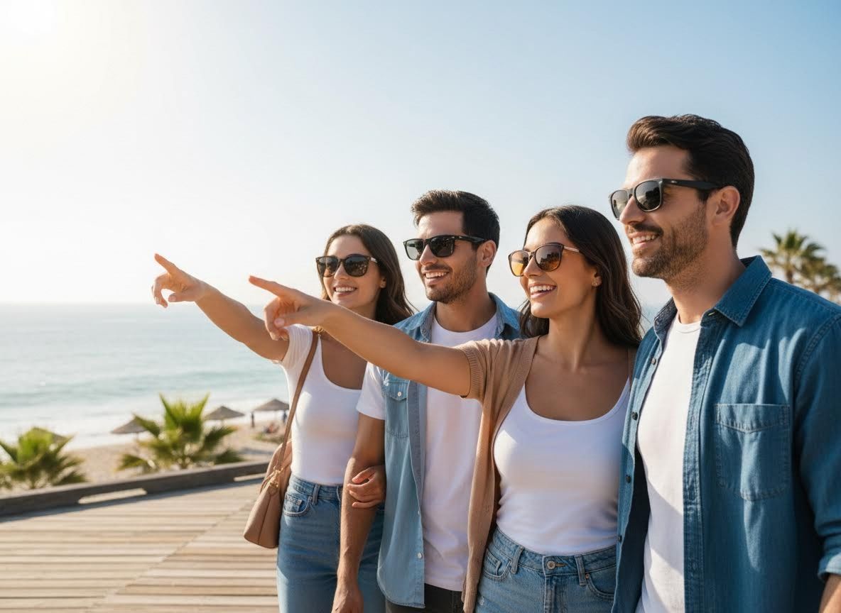 Friends Pointing at Sunny Beach