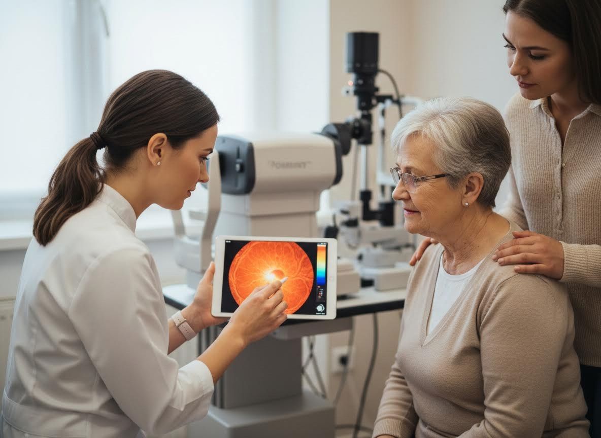 Ophthalmologist explaining retina scan to senior patient