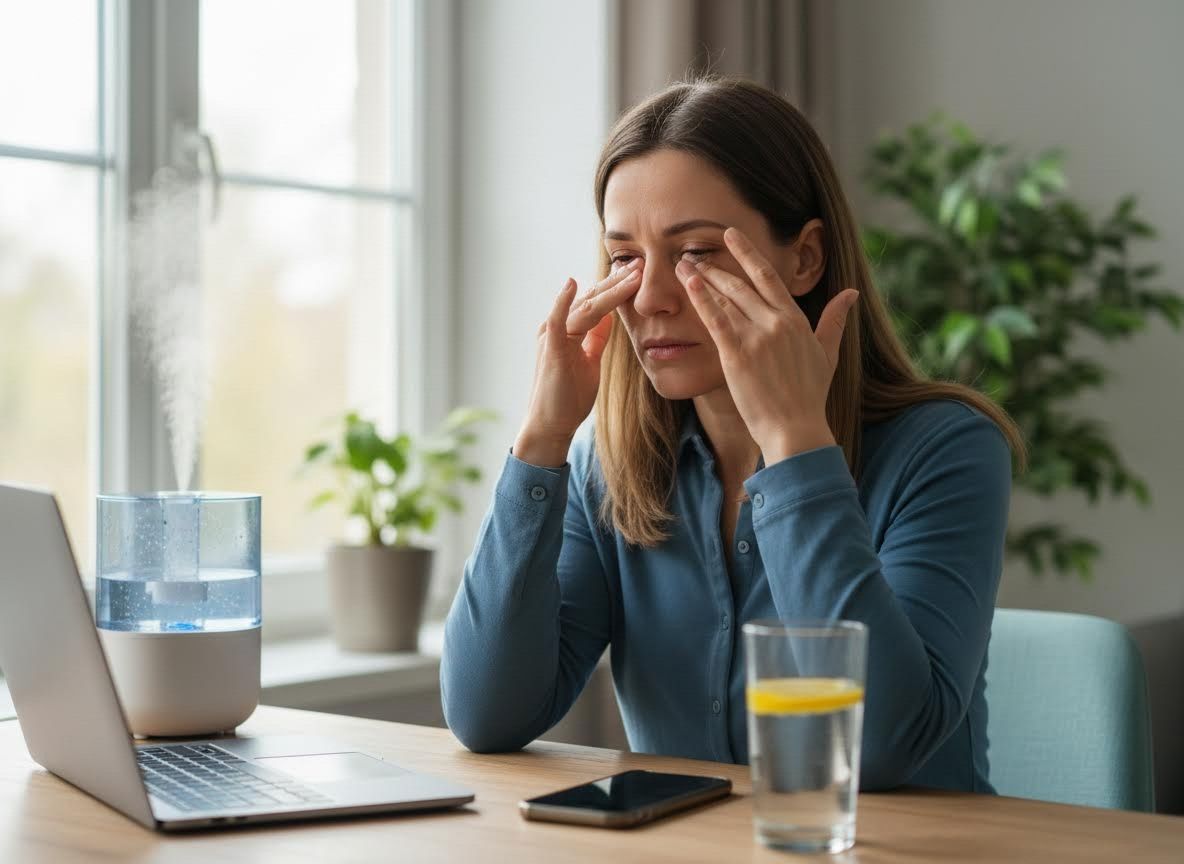 Woman rubbing tired eyes next to humidifier and laptop