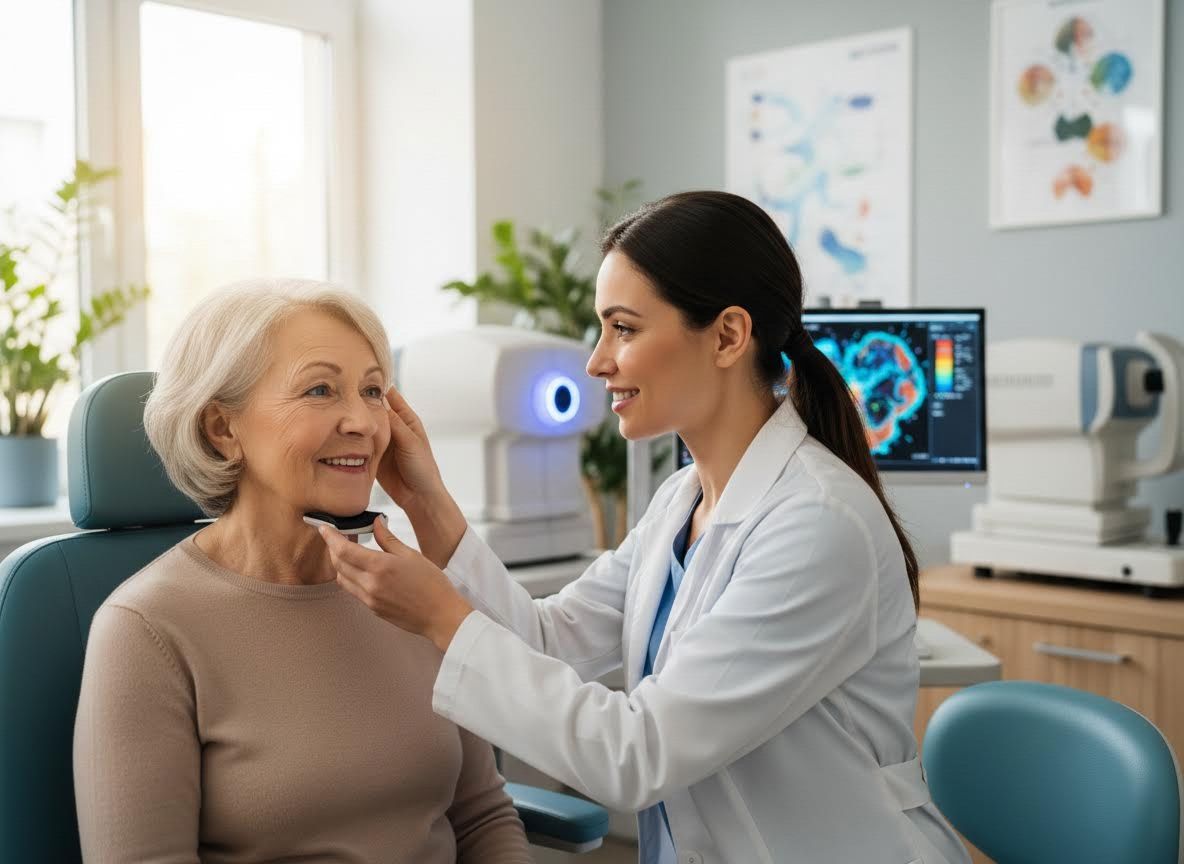 Optometrist examining a senior woman's eye