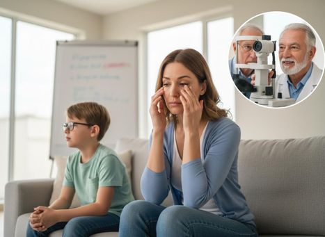 Eye Health Concerns: Woman, Child, and Eye Exam