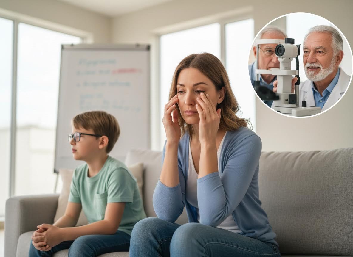 Eye Health Concerns: Woman, Child, and Eye Exam