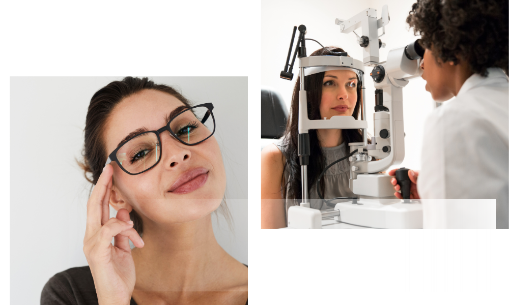woman with glasses, and a woman getting an eye exam