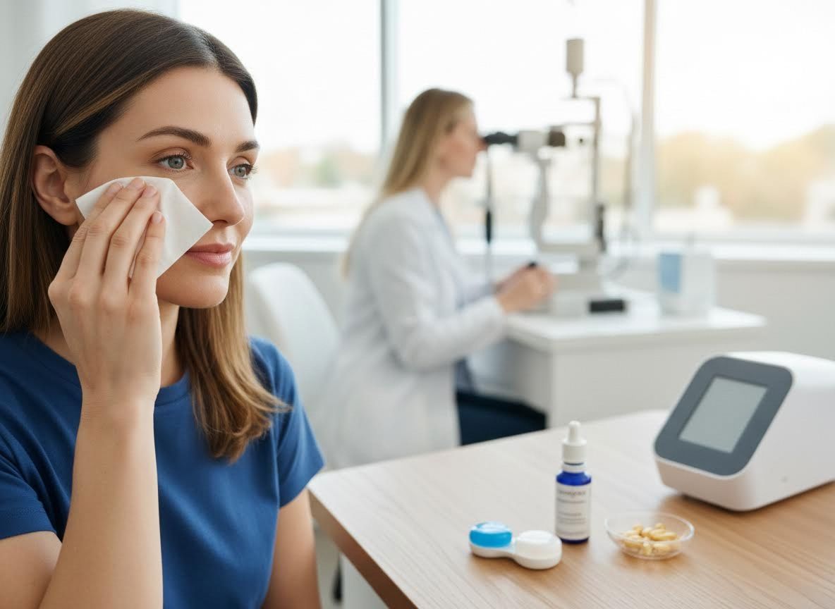 Woman Wipes Eye Before Vision Exam