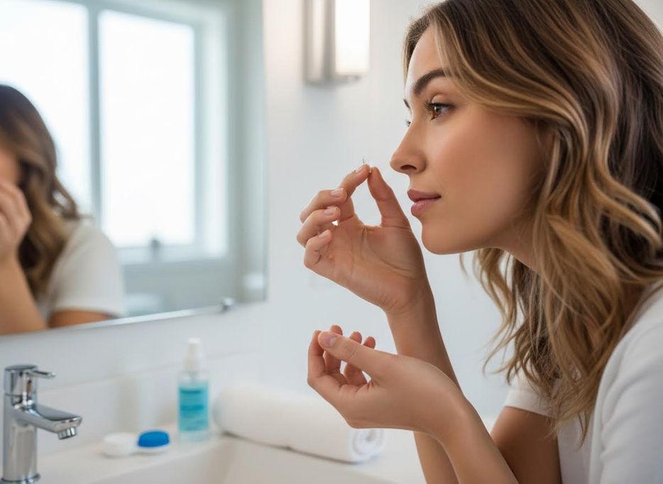 A young woman in a bathroom holds a contact lens, preparing to insert it into her eye. A mirror, sink, and lens care items are visible. Woman preparing to insert contact lens