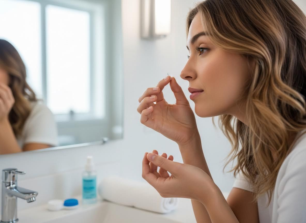 Woman preparing to insert contact lens