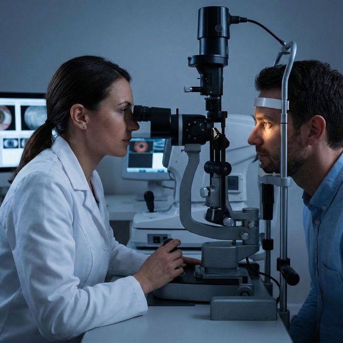An optometrist using a slit lamp to examine a patient's eye in a dimly lit clinic room.