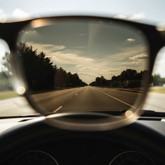 A clear view of a sunlit road seen through the polarized lens of a pair of prescription sunglasses from inside a car.