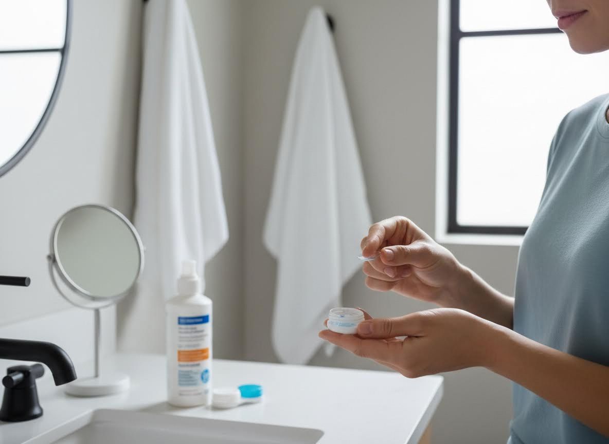 Person handling contact lenses in a bathroom