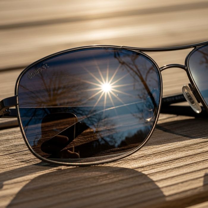 Close-up of protective sunglass lenses reflecting bright sunlight on a wooden surface.