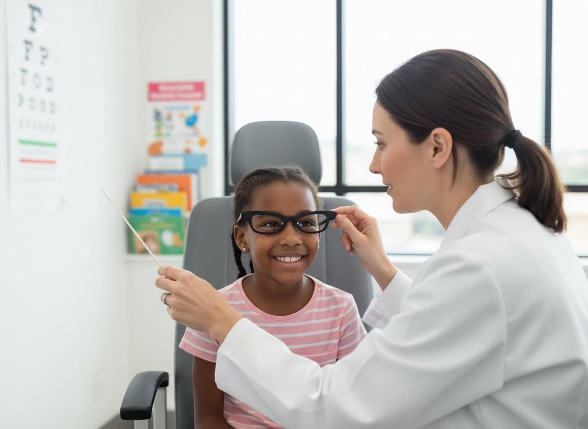 Optometrist fitting new glasses on a smiling young girl