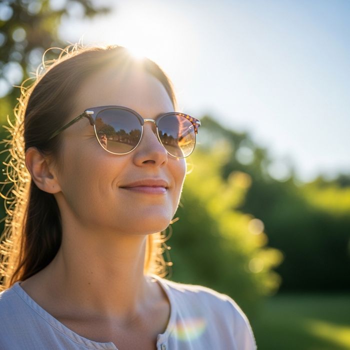 A relaxed woman wearing sunglasses smiling peacefully in a bright, sunny outdoor environment.
