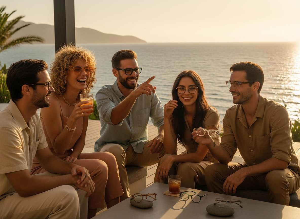 Happy group of friends wearing stylish eyeglasses on an ocean-view balcony at sunset