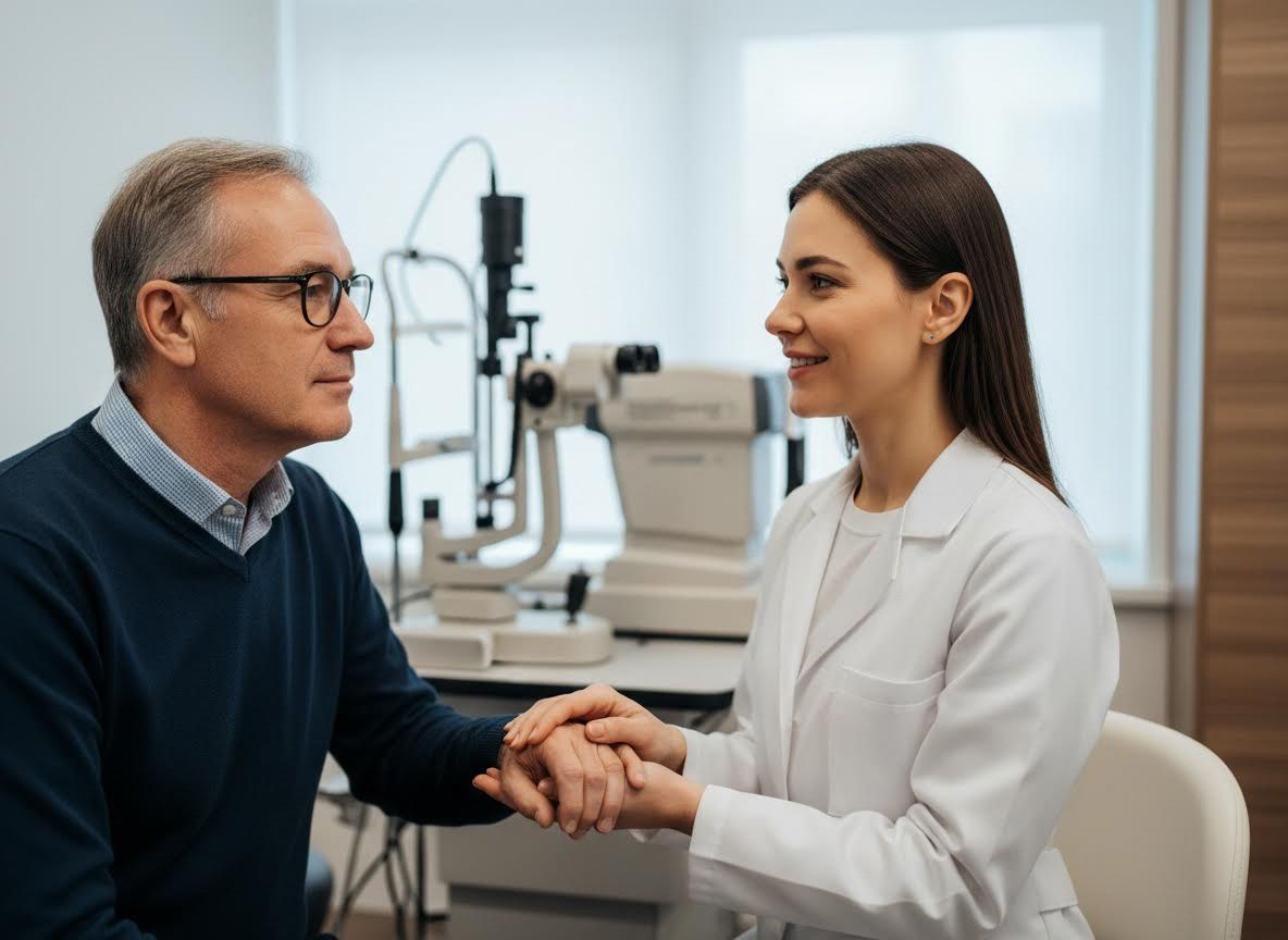 Optometrist comforting an older male patient