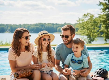 Smiling Family by Pool and Lake