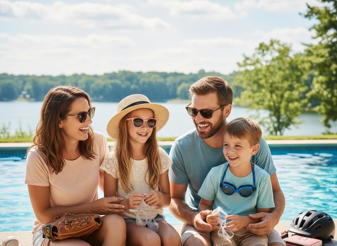 Smiling Family by Pool and Lake