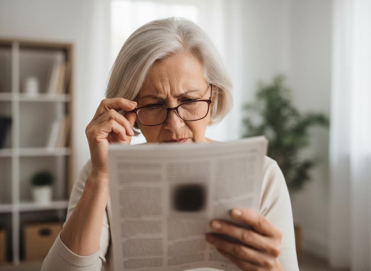 Elderly Woman Struggling to Read Newspaper
