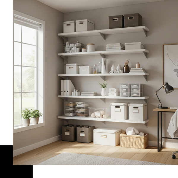 a well-organized modern storage room with neatly arranged items on expertly installed shelves, highlighting functionality.