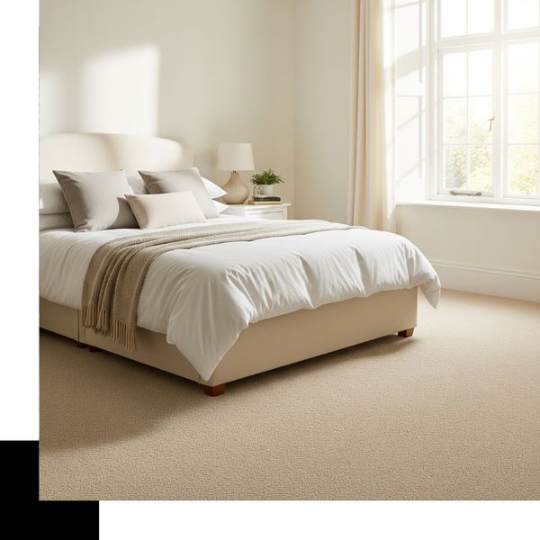 A cozy bedroom with newly installed plush, oatmeal-colored carpet, featuring a cream-colored bed and natural light. A cozy bedroom with newly installed plush, oatmeal-colored carpet, featuring a cream-colored bed and natural light.