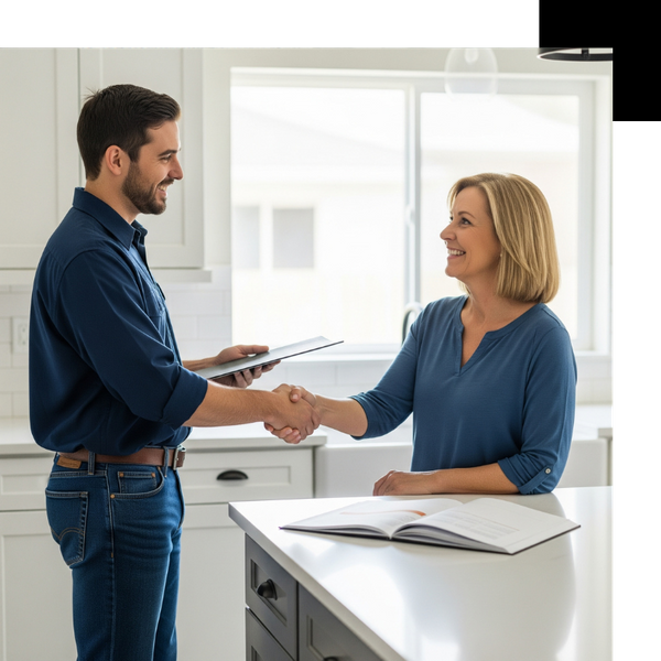 handshake between a construction worker and a homeowner in a newly renovated kitchen, symbolizing trust and partnership in home improvement.