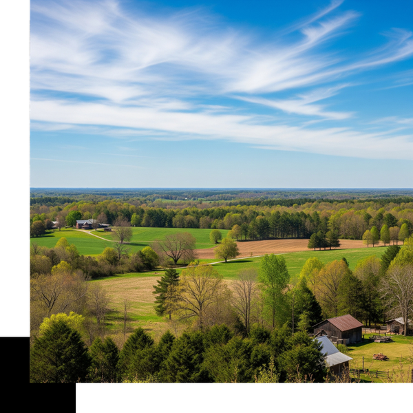 a serene North Carolina landscape, featuring rolling farmlands, lush forests, and a clear blue sky, with a distant farmhouse.