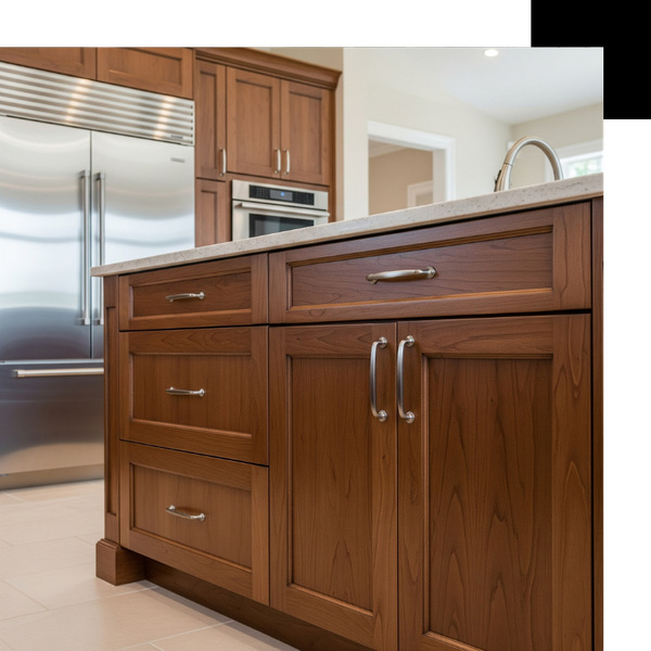 custom dark wood kitchen cabinets with modern hardware, showcasing detailed craftsmanship.