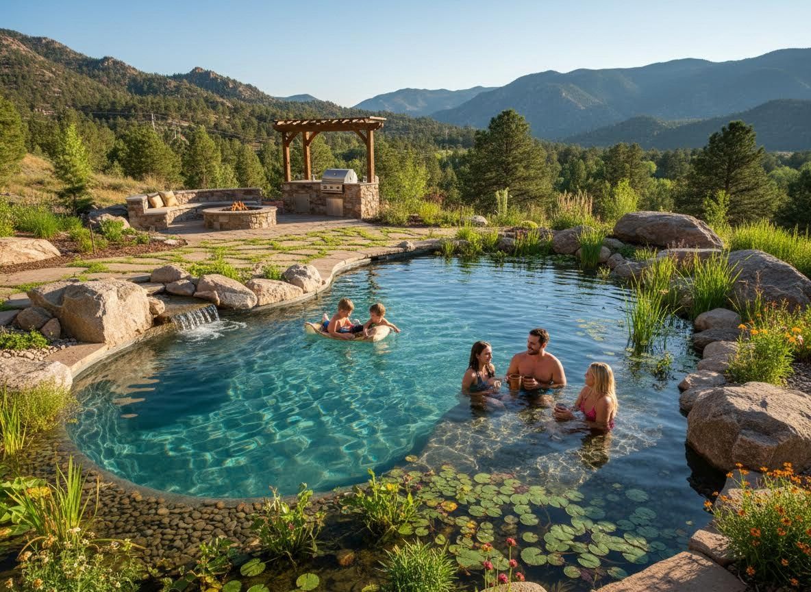 Family and Friends Enjoying a Natural Swimming Pool with Mountain Views