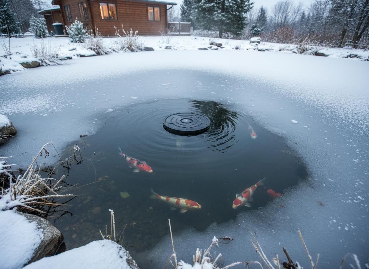 Koi Fish in Partially Frozen Pond with De-Icer