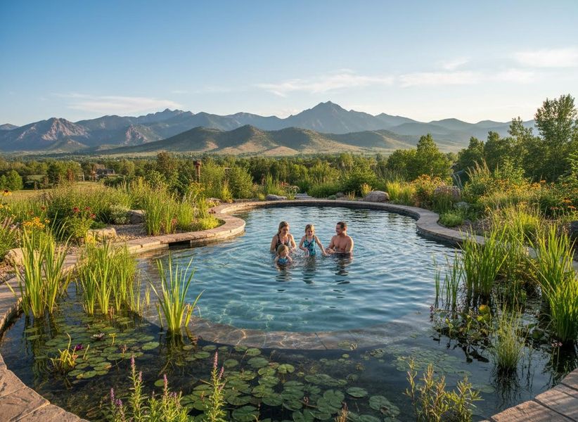 Family in Natural Pool with Mountain View