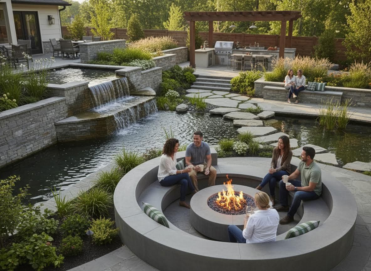Friends relaxing around an outdoor fire pit with a waterfall and kitchen area