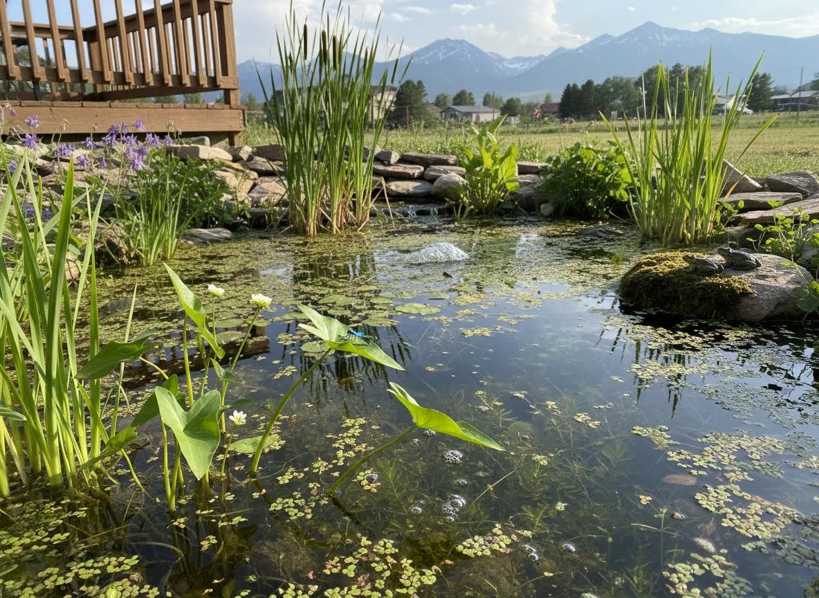 Garden Pond with Damselfly and Mountain View