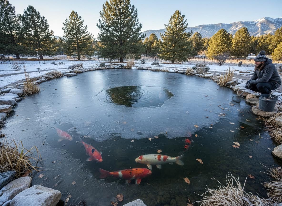 Man and koi in partially frozen winter pond