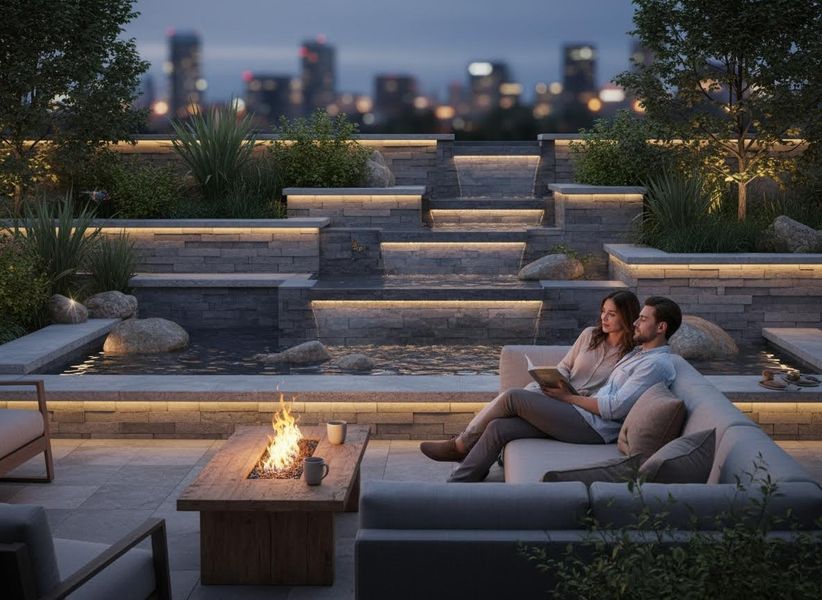 Couple Relaxing on Luxury Outdoor Patio with Fire Pit and Lit Waterfalls