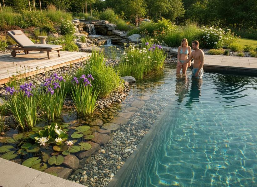 Couple by Natural Swimming Pond with Waterfall and Garden