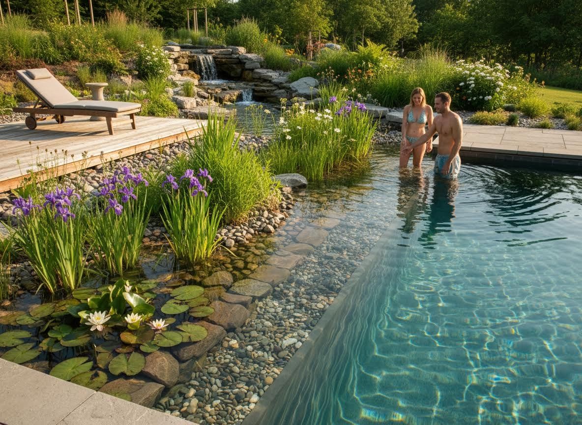 Couple by Natural Swimming Pond with Waterfall and Garden