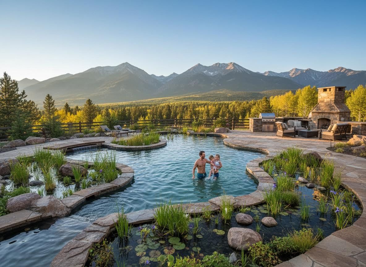 Family enjoying a natural swimming pool with mountain views