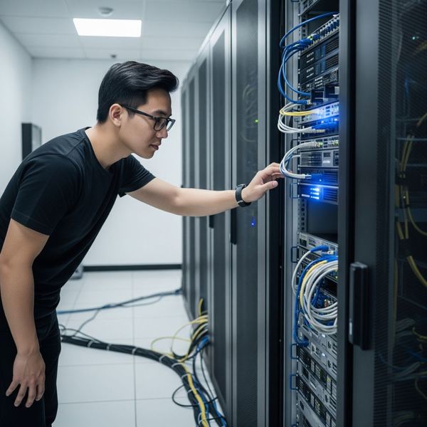 An IT technician proactively checking a server rack. An IT technician proactively checking a server rack.