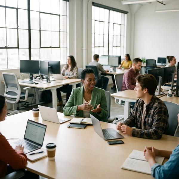 interior of an office building with employees at desks with computers