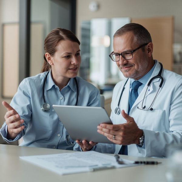 doctors looking at information on a tablet