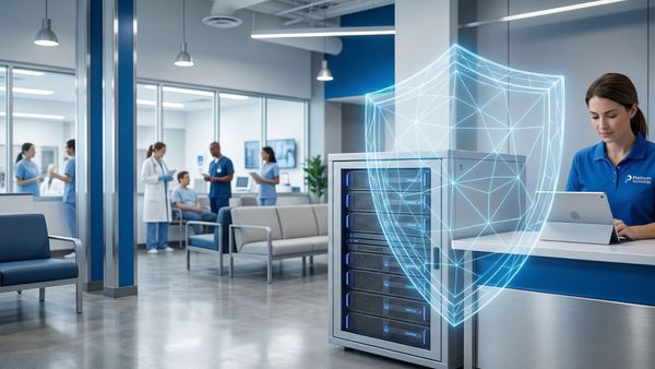 Digital security shield overlaying healthcare technology in a modern medical office setting.