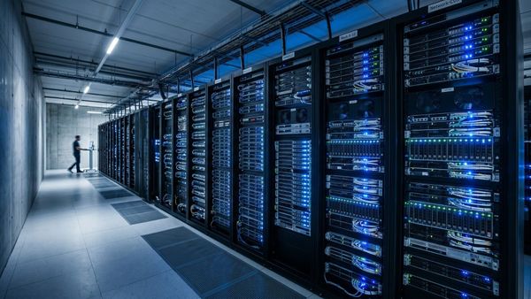 Modern server room with blue LED lights representing an active and secure IT infrastructure.