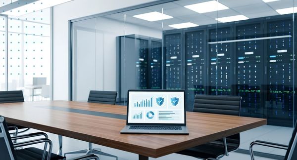 Modern corporate office view of a secure server room with a laptop displaying compliance data charts.