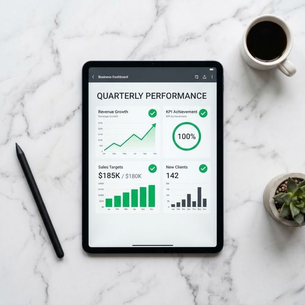 Digital tablet showing a professional IT health dashboard with green icons and data charts.