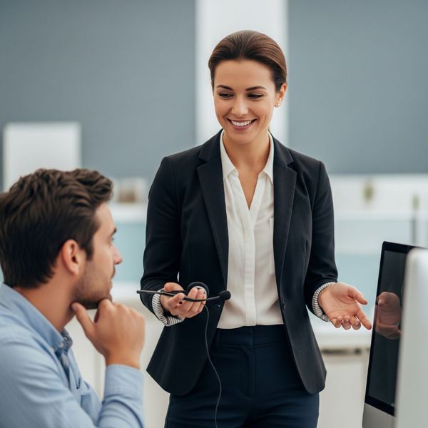 A friendly helpdesk professional assisting a client. A friendly helpdesk professional assisting a client.