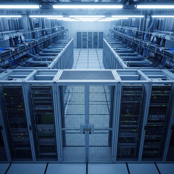 A secure data center with a locked server cage. A secure data center with a locked server cage.