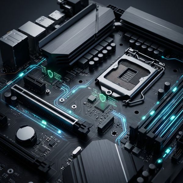 Close-up of computer components with digital light overlays symbolizing software patching.