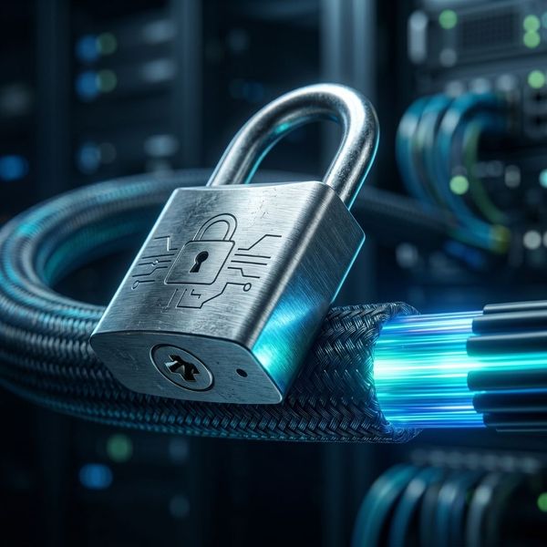 Metallic padlock on fiber optic cables representing proactive cybersecurity measures.