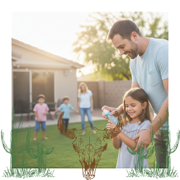 A father applies mosquito repellent to his young daughter's arm in a bright backyard, with other family members playing in the background, emphasizing family protection. A mosquito icon with a cross through it is in the corner.