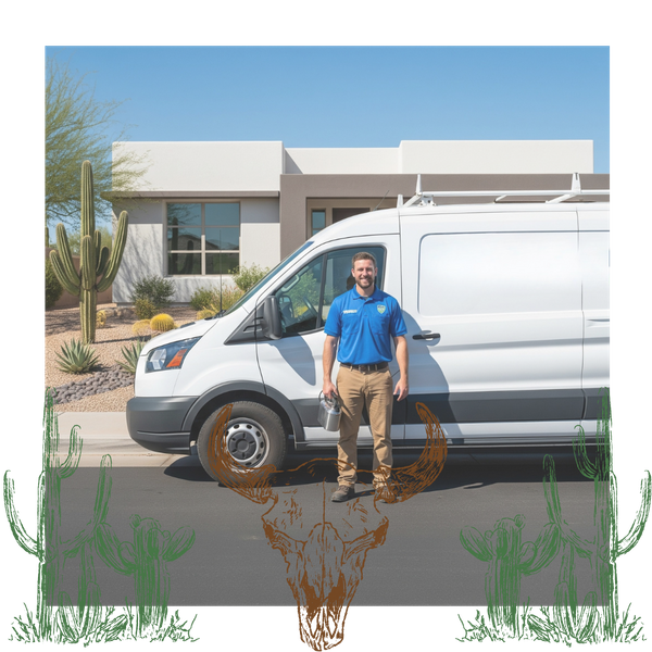 Professional mosquito control technician in front of a van at Arizona home